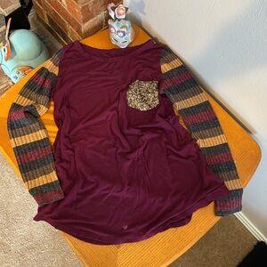 Striped Sleeve Burgundy Top with Sequined Pocket